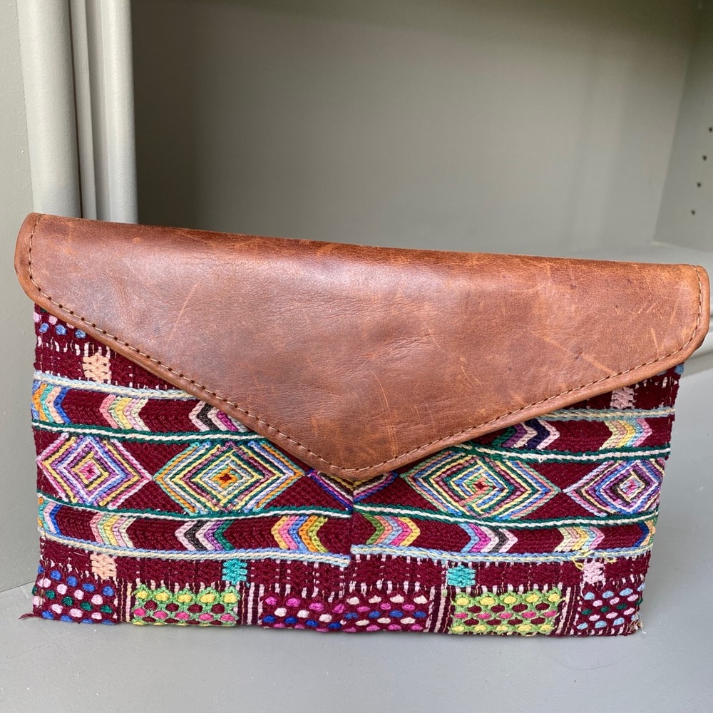 Handmade leather clutch w/ Guatemalan textiles